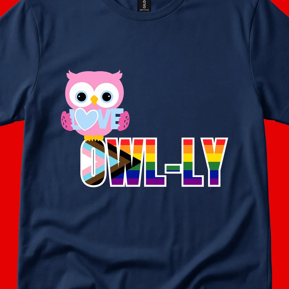Pink owl holding a blue heart with 'OWELLY' text in rainbow pride flag colors