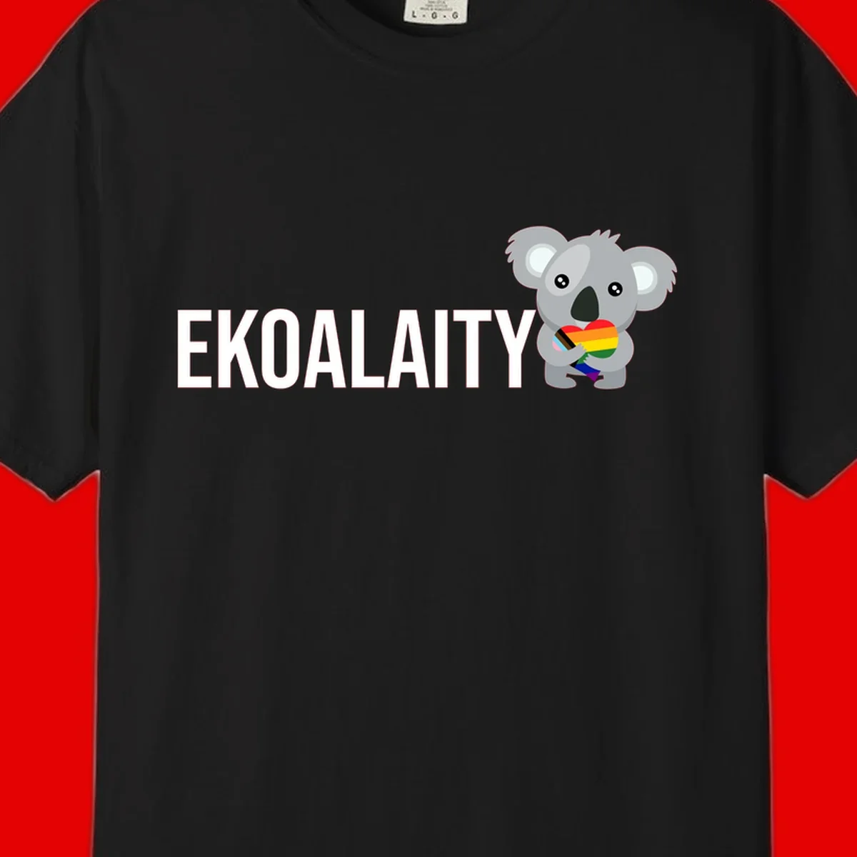 Gray koala holding a rainbow pride flag with 'EKOALITY' text, celebrating LGBTQ+ equality and inclusion