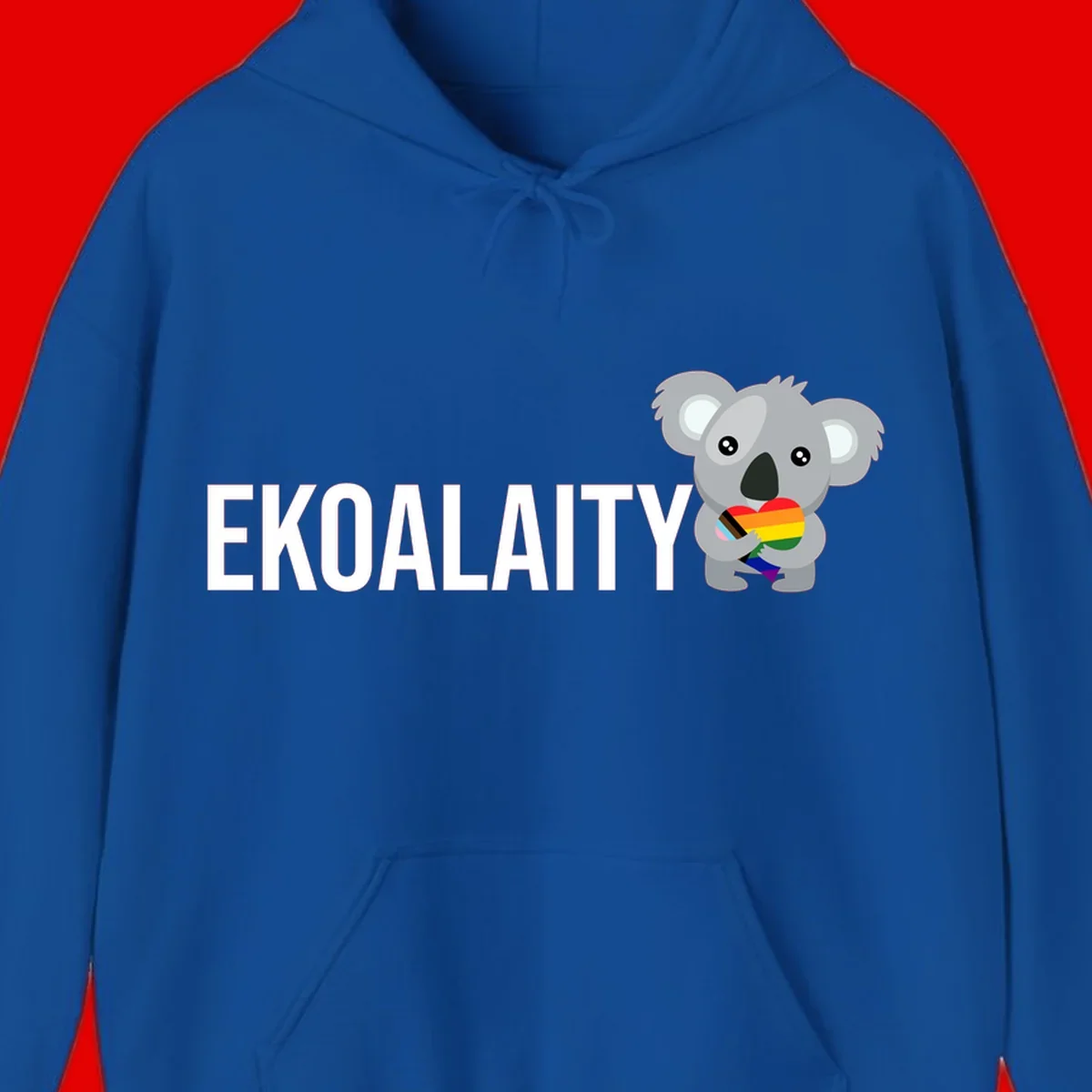 Gray koala holding a rainbow pride flag with 'EKOALITY' text, celebrating LGBTQ+ equality and inclusion