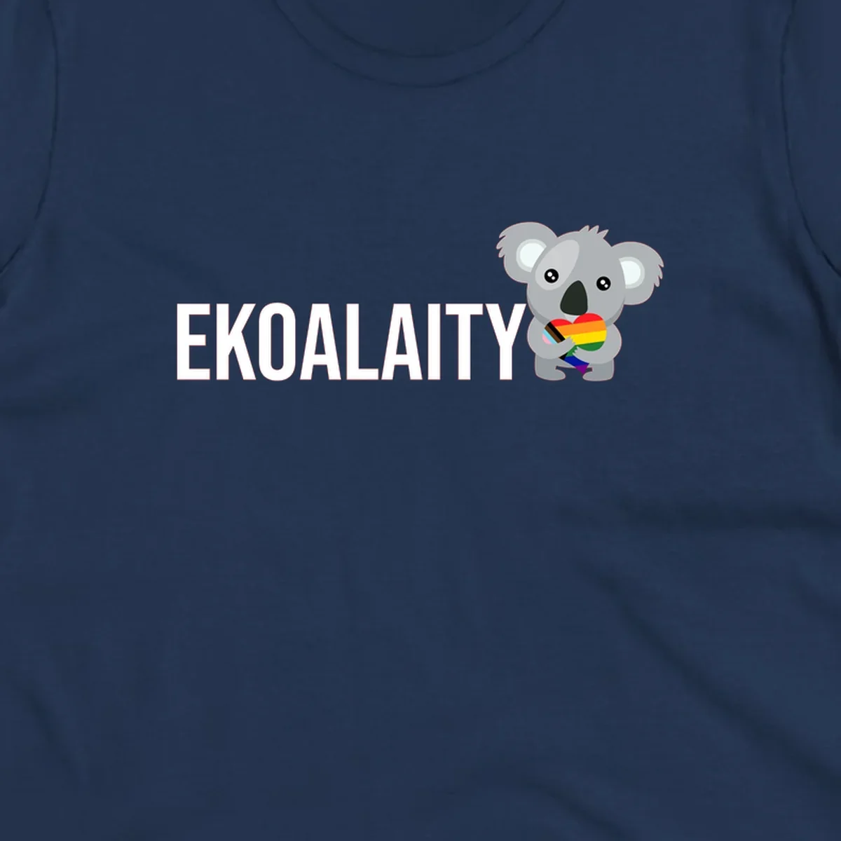 Gray koala holding a rainbow pride flag with 'EKOALITY' text, celebrating LGBTQ+ equality and inclusion