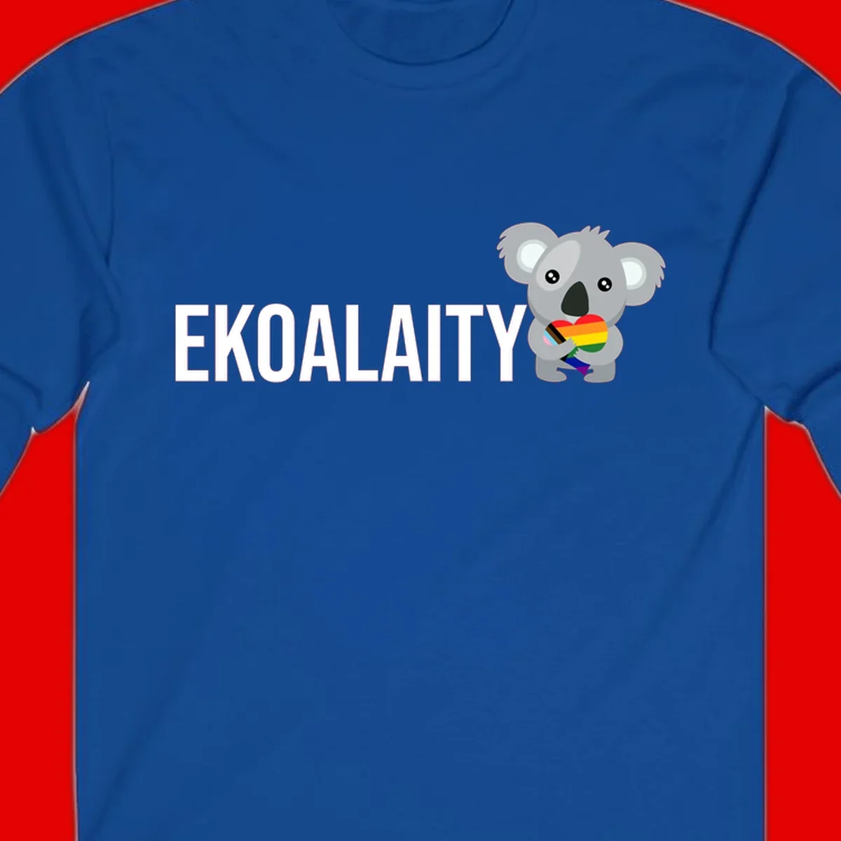 Gray koala holding a rainbow pride flag with 'EKOALITY' text, celebrating LGBTQ+ equality and inclusion