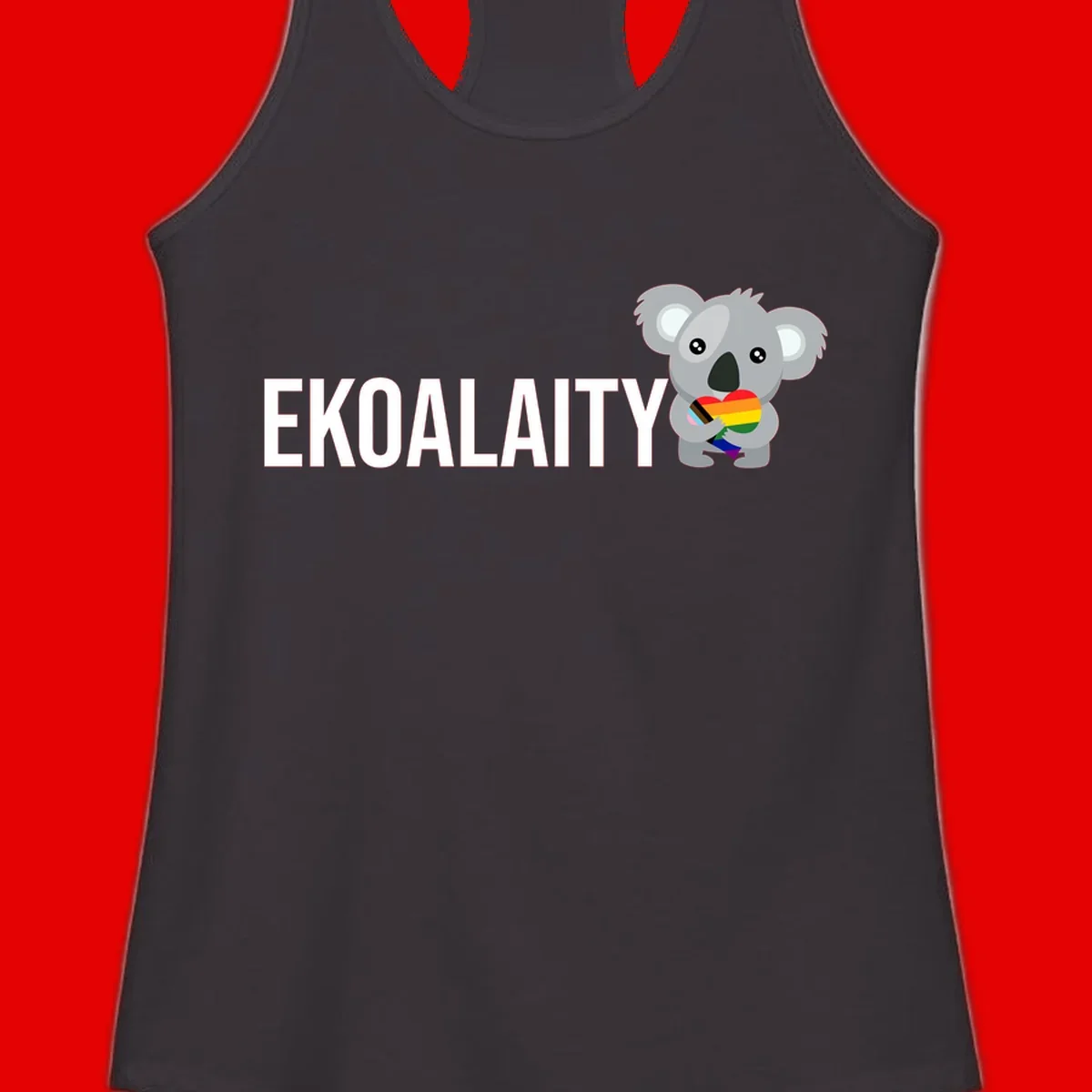Gray koala holding a rainbow pride flag with 'EKOALITY' text, celebrating LGBTQ+ equality and inclusion