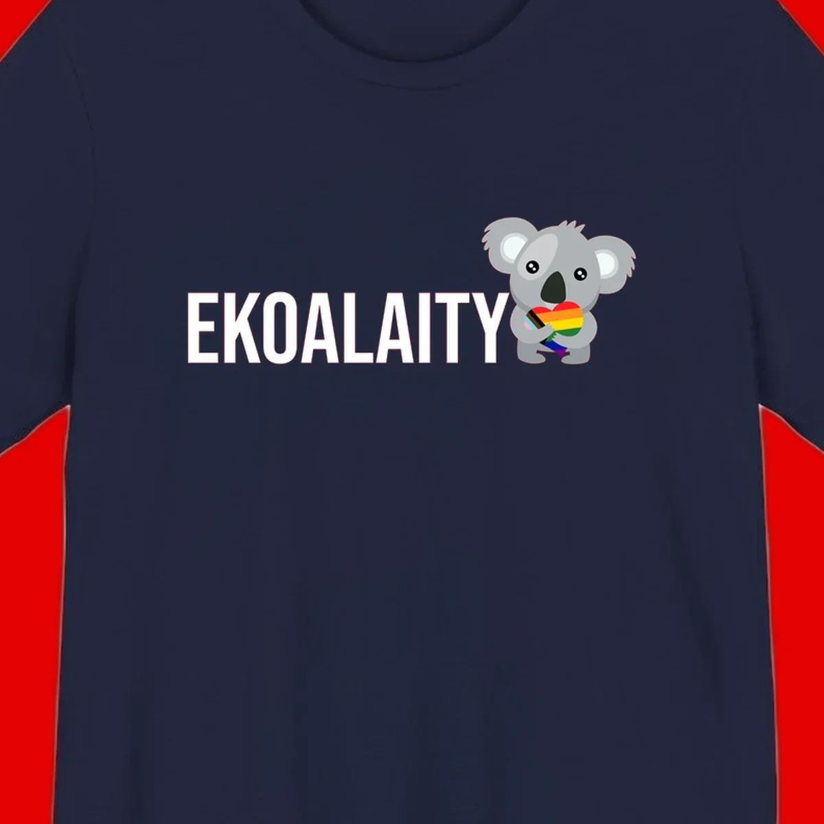 Gray koala holding a rainbow pride flag with 'EKOALITY' text, celebrating LGBTQ+ equality and inclusion