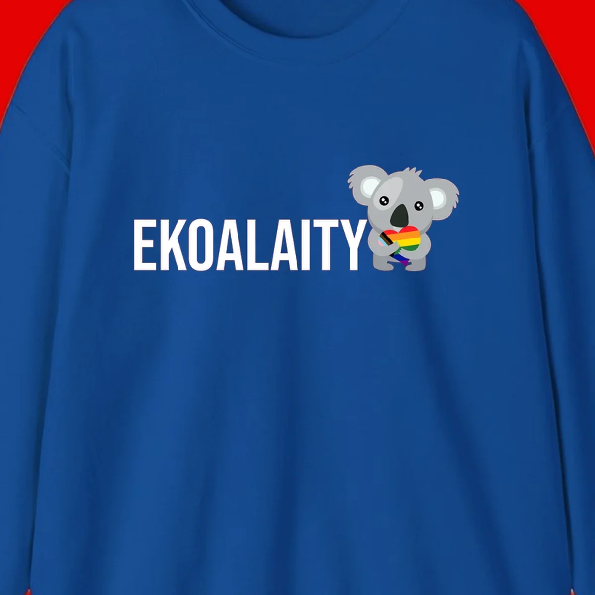 Gray koala holding a rainbow pride flag with 'EKOALITY' text, celebrating LGBTQ+ equality and inclusion