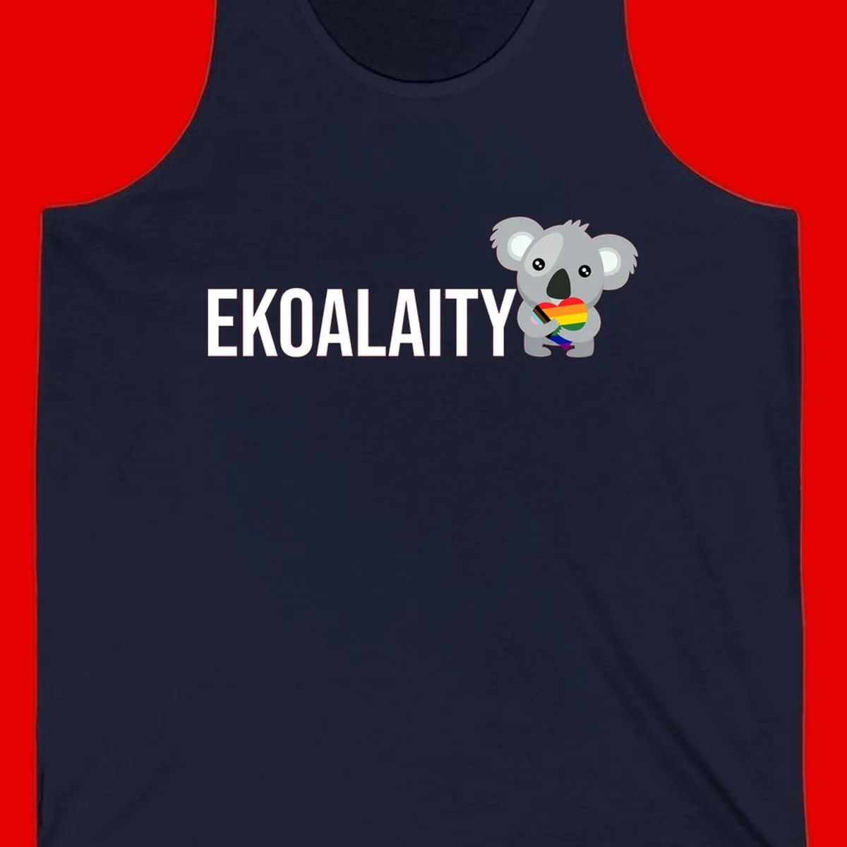 Gray koala holding a rainbow pride flag with 'EKOALITY' text, celebrating LGBTQ+ equality and inclusion