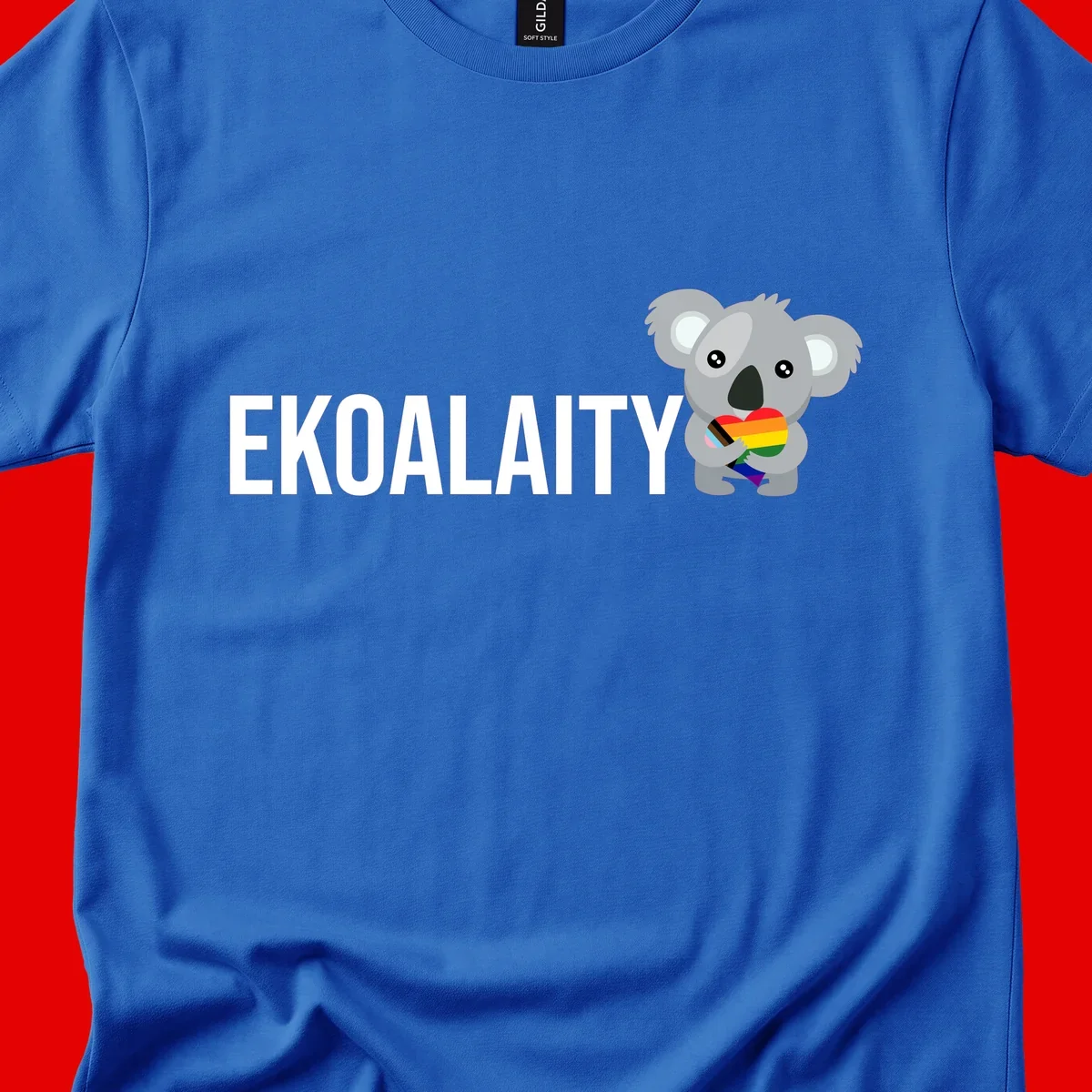 Gray koala holding a rainbow pride flag with 'EKOALITY' text, celebrating LGBTQ+ equality and inclusion