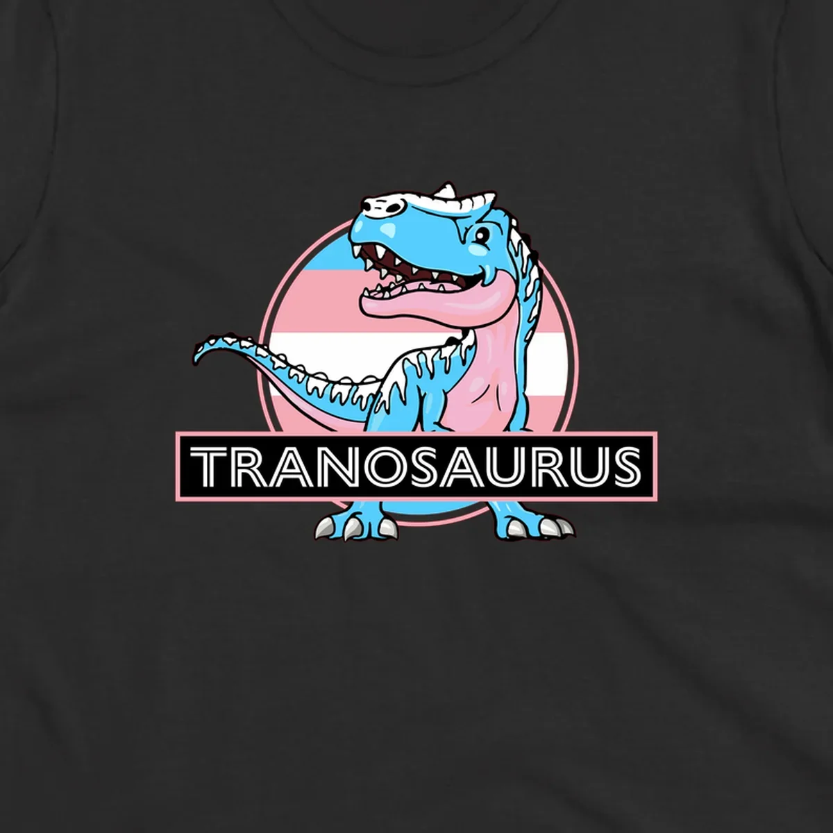 Blue cartoon T-Rex dinosaur with open mouth against pink and white pride flag circular background, labeled Tranosaurus