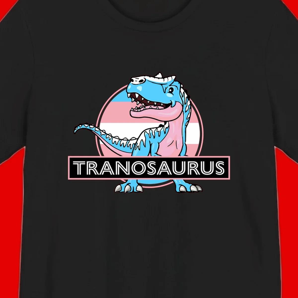 Blue cartoon T-Rex dinosaur with open mouth against pink and white pride flag circular background, labeled Tranosaurus