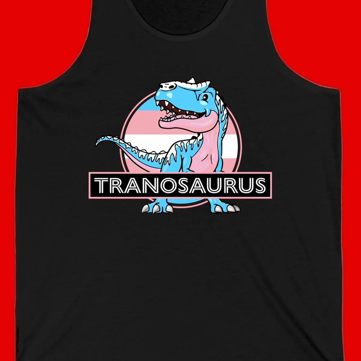 Blue cartoon T-Rex dinosaur with open mouth against pink and white pride flag circular background, labeled Tranosaurus