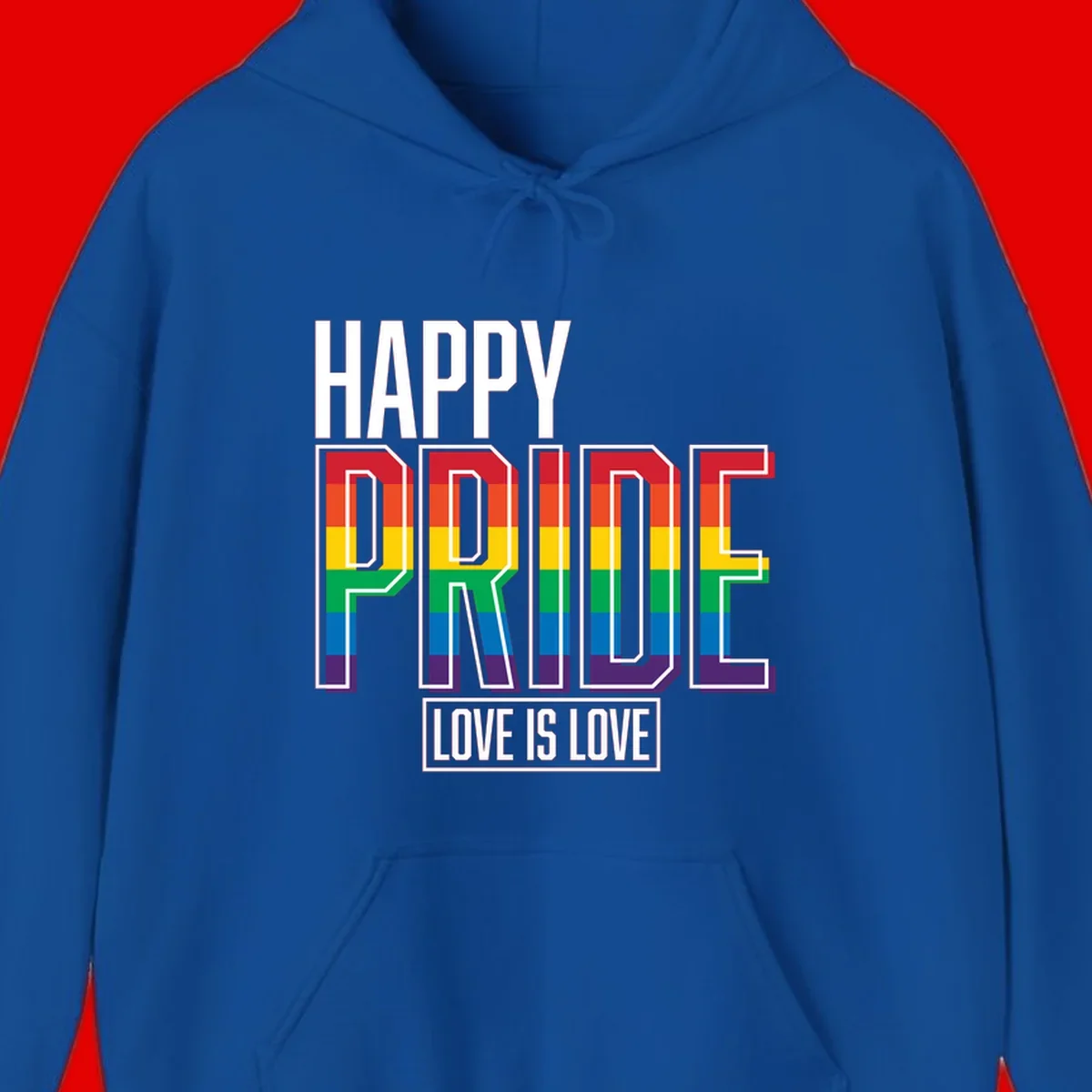 Happy Pride Love Is Love design featuring 3D rainbow block letters with pride flag colors on gray background