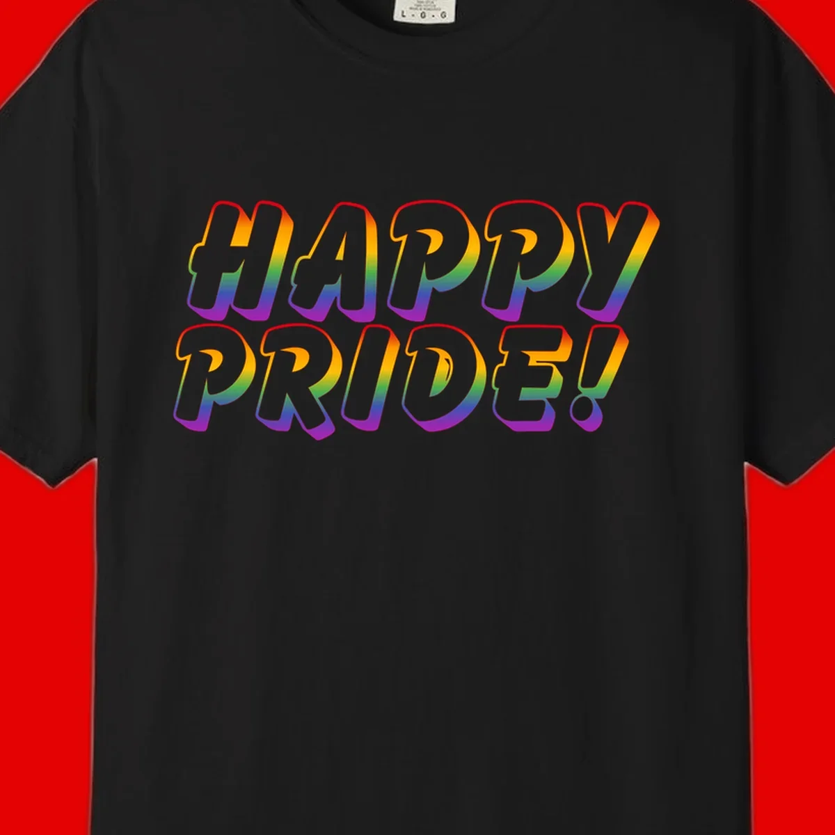 Happy pride rainbow text design with gradient colors transitioning from red to purple in bold typography