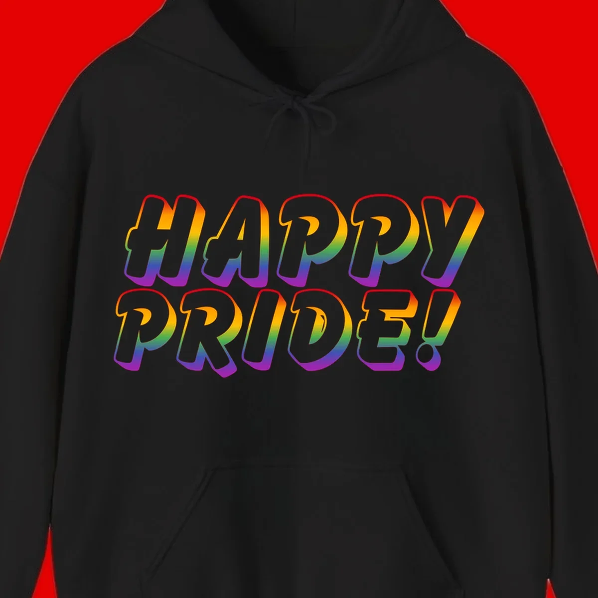 Happy pride rainbow text design with gradient colors transitioning from red to purple in bold typography