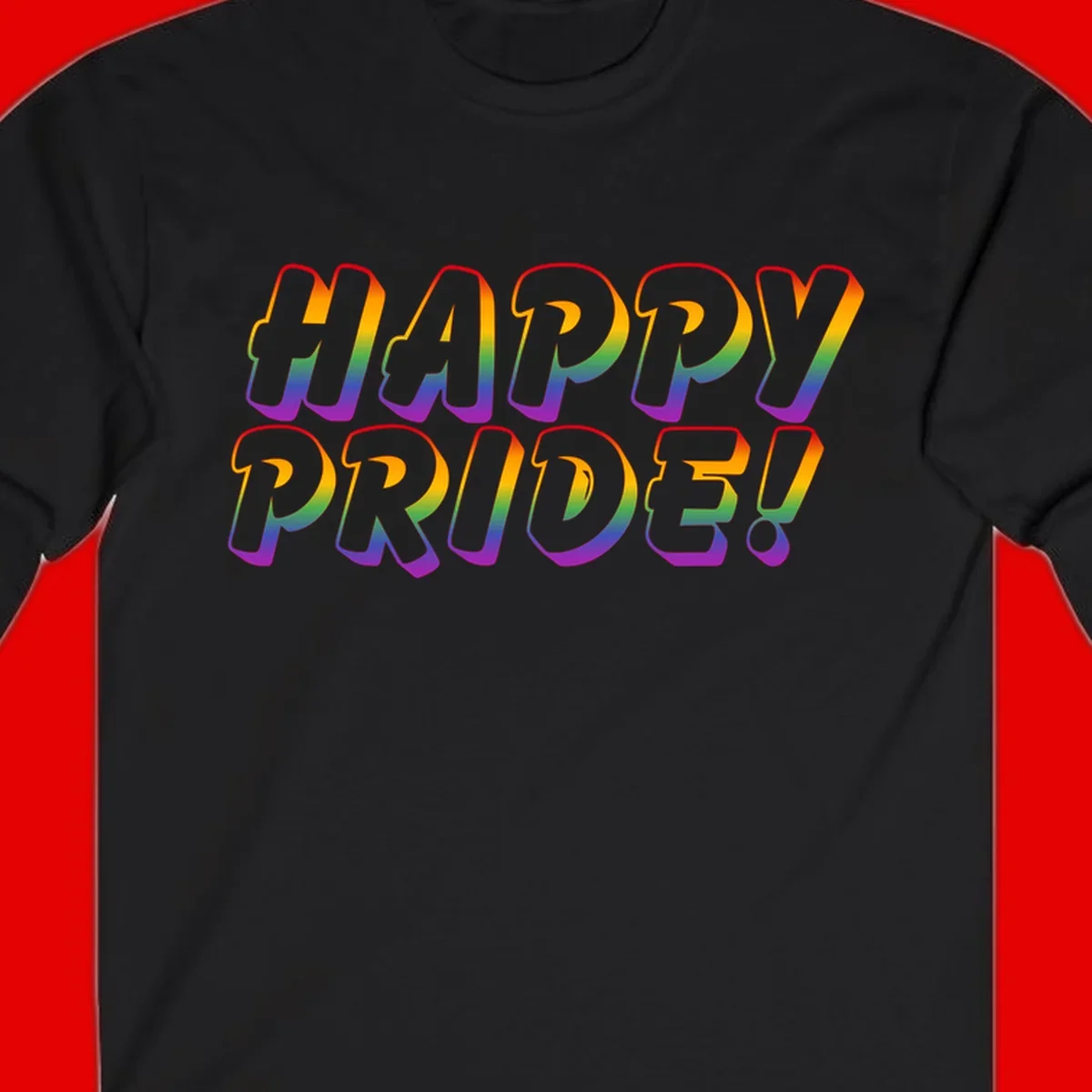 Happy pride rainbow text design with gradient colors transitioning from red to purple in bold typography