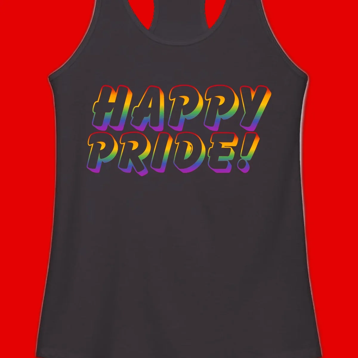 Happy pride rainbow text design with gradient colors transitioning from red to purple in bold typography