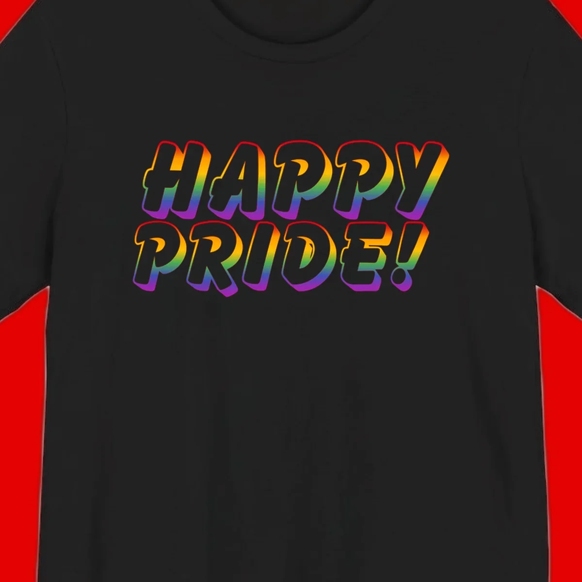 Happy pride rainbow text design with gradient colors transitioning from red to purple in bold typography