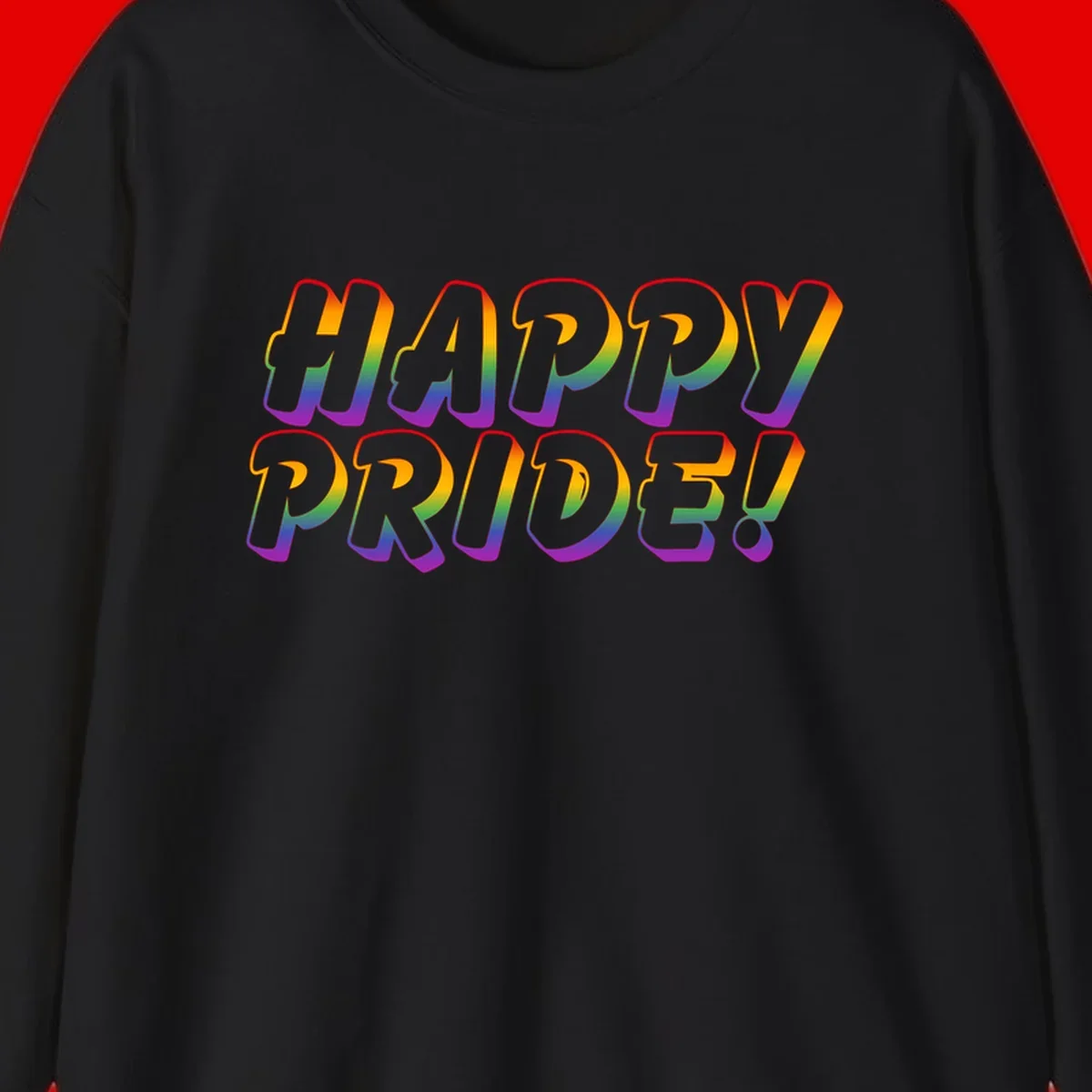 Happy pride rainbow text design with gradient colors transitioning from red to purple in bold typography