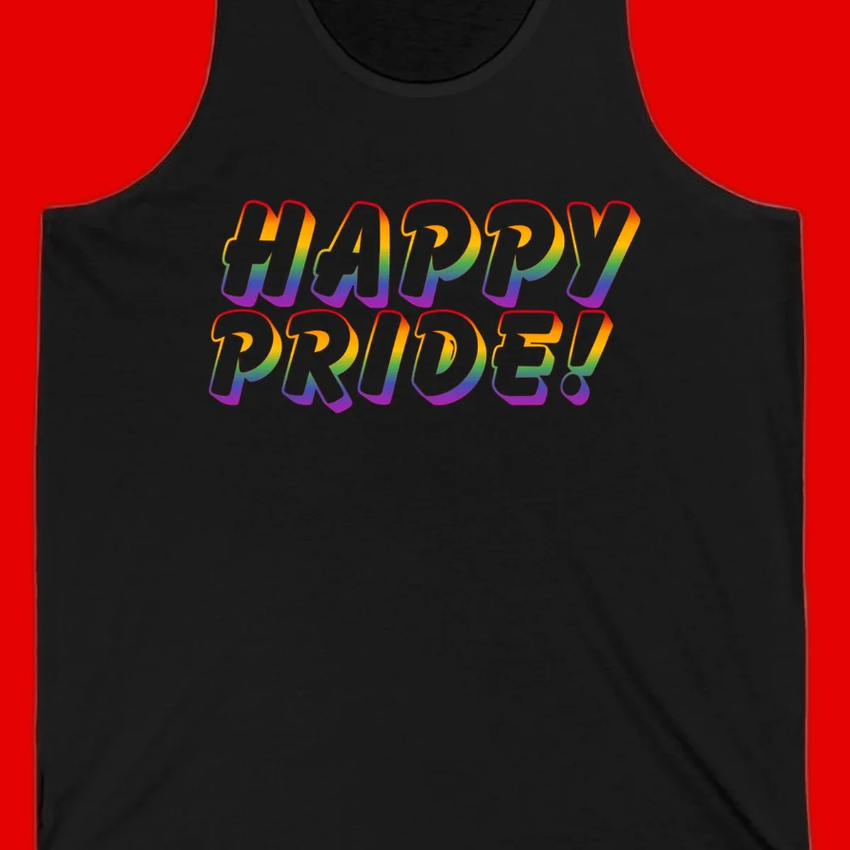 Happy pride rainbow text design with gradient colors transitioning from red to purple in bold typography
