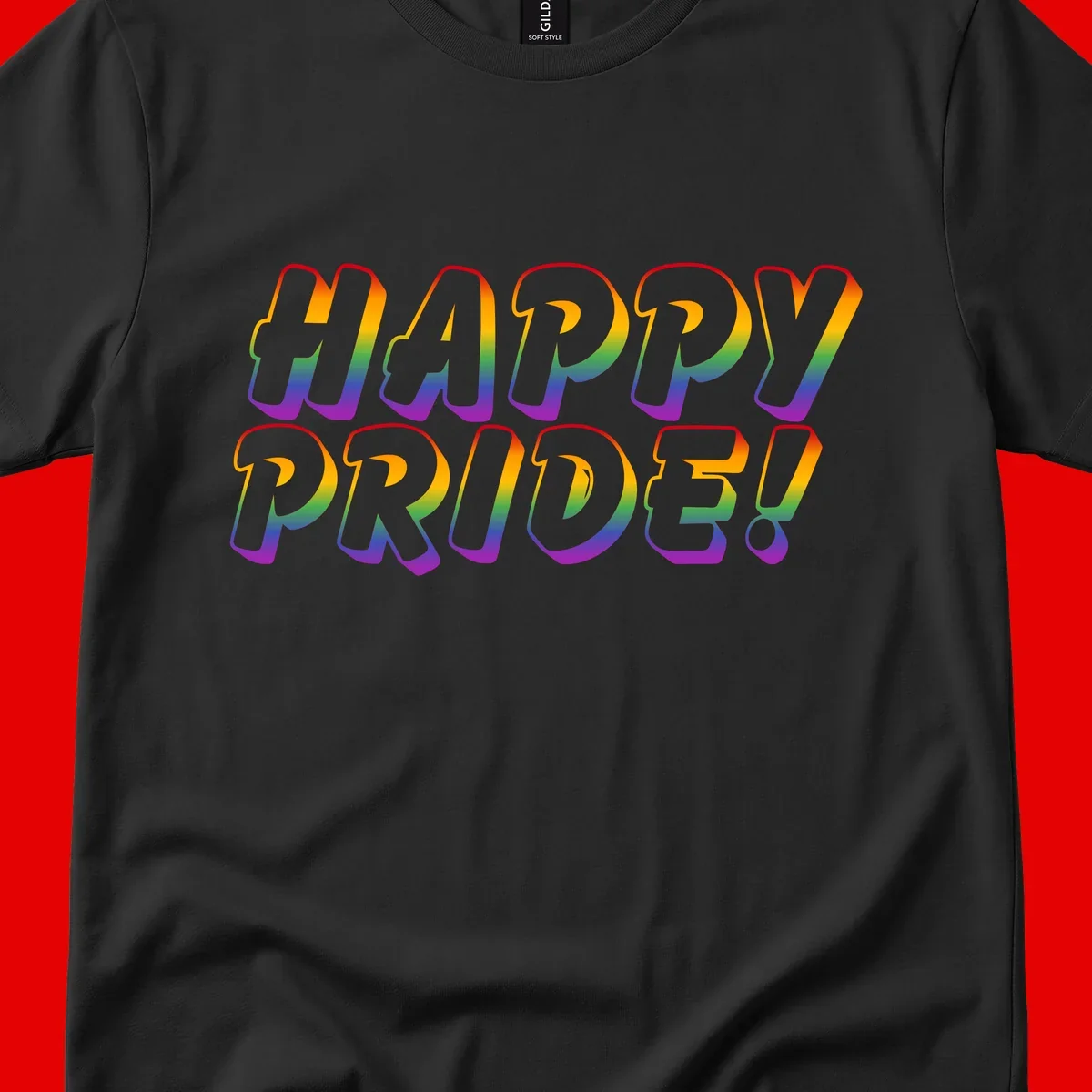 Happy pride rainbow text design with gradient colors transitioning from red to purple in bold typography