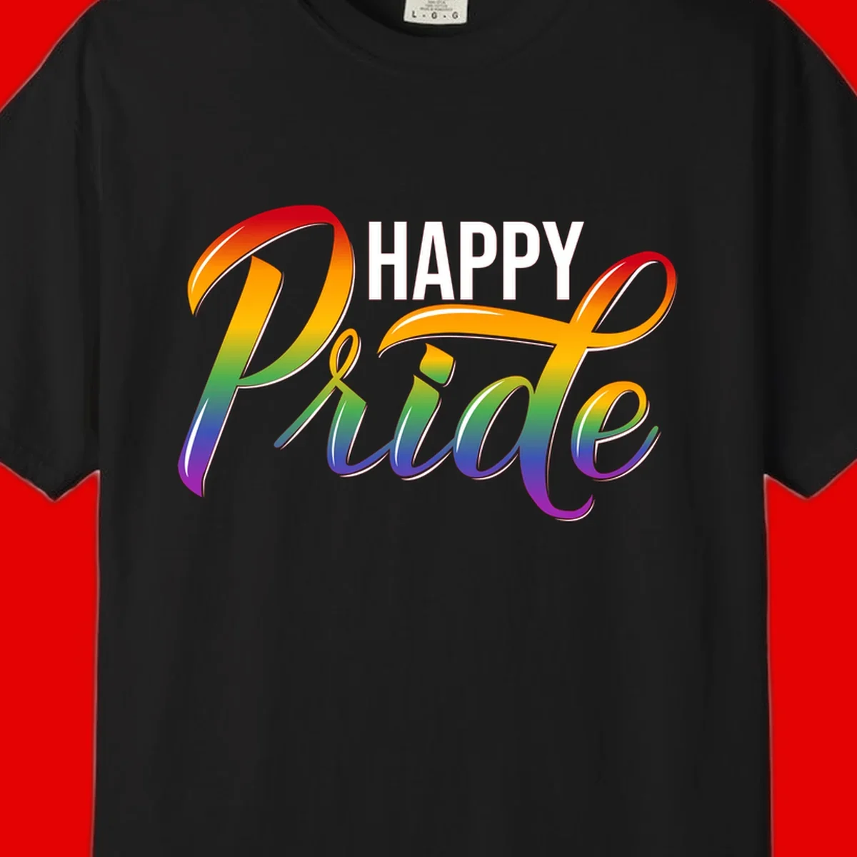 Happy Pride rainbow gradient typography design with white outlines on gray background