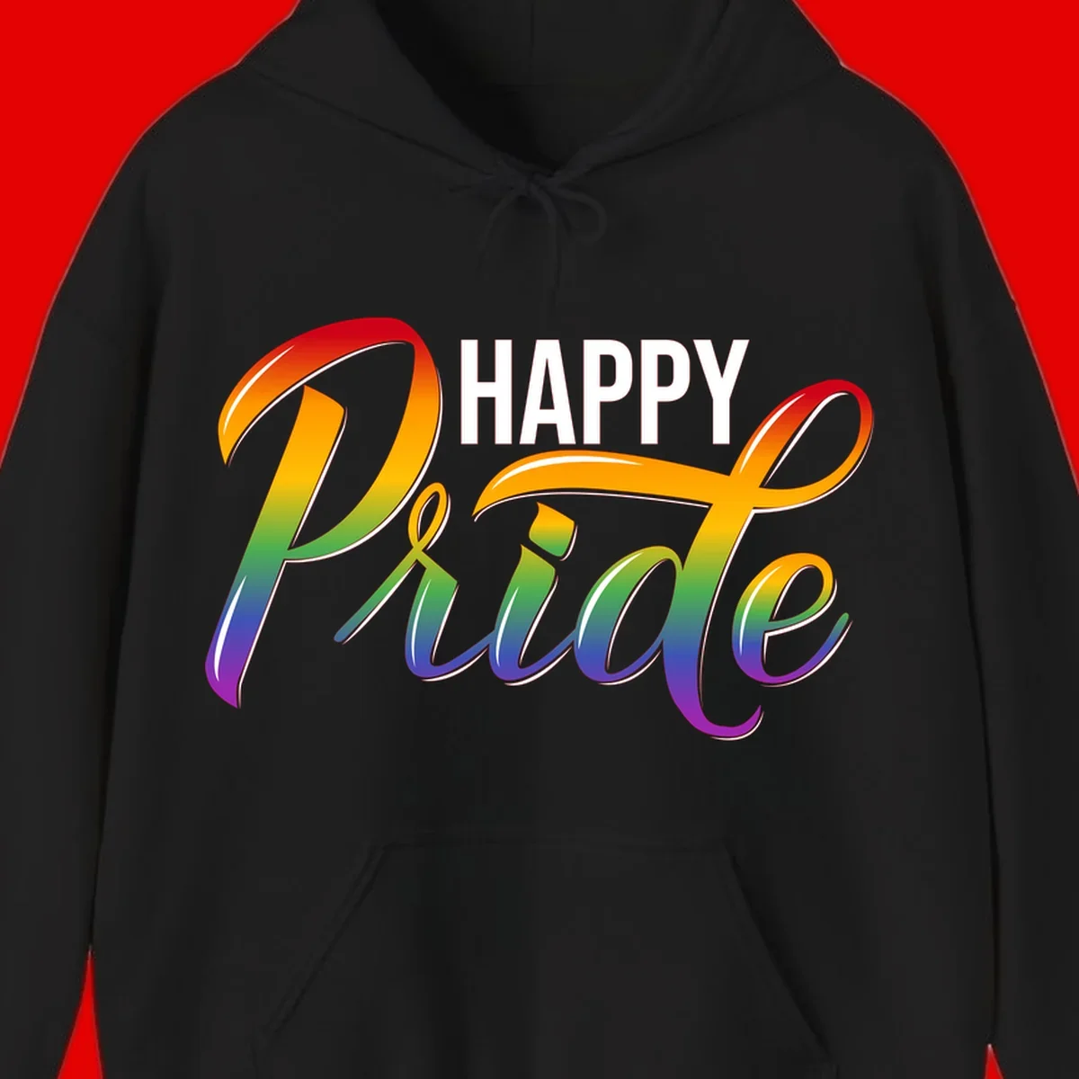 Happy Pride rainbow gradient typography design with white outlines on gray background