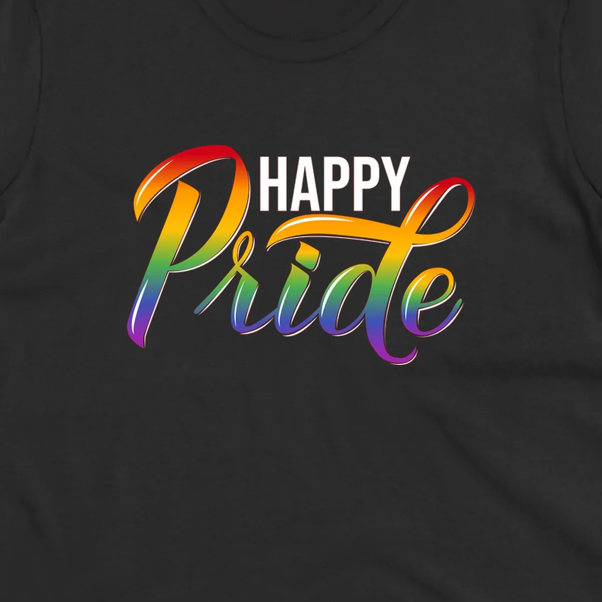 Happy Pride rainbow gradient typography design with white outlines on gray background