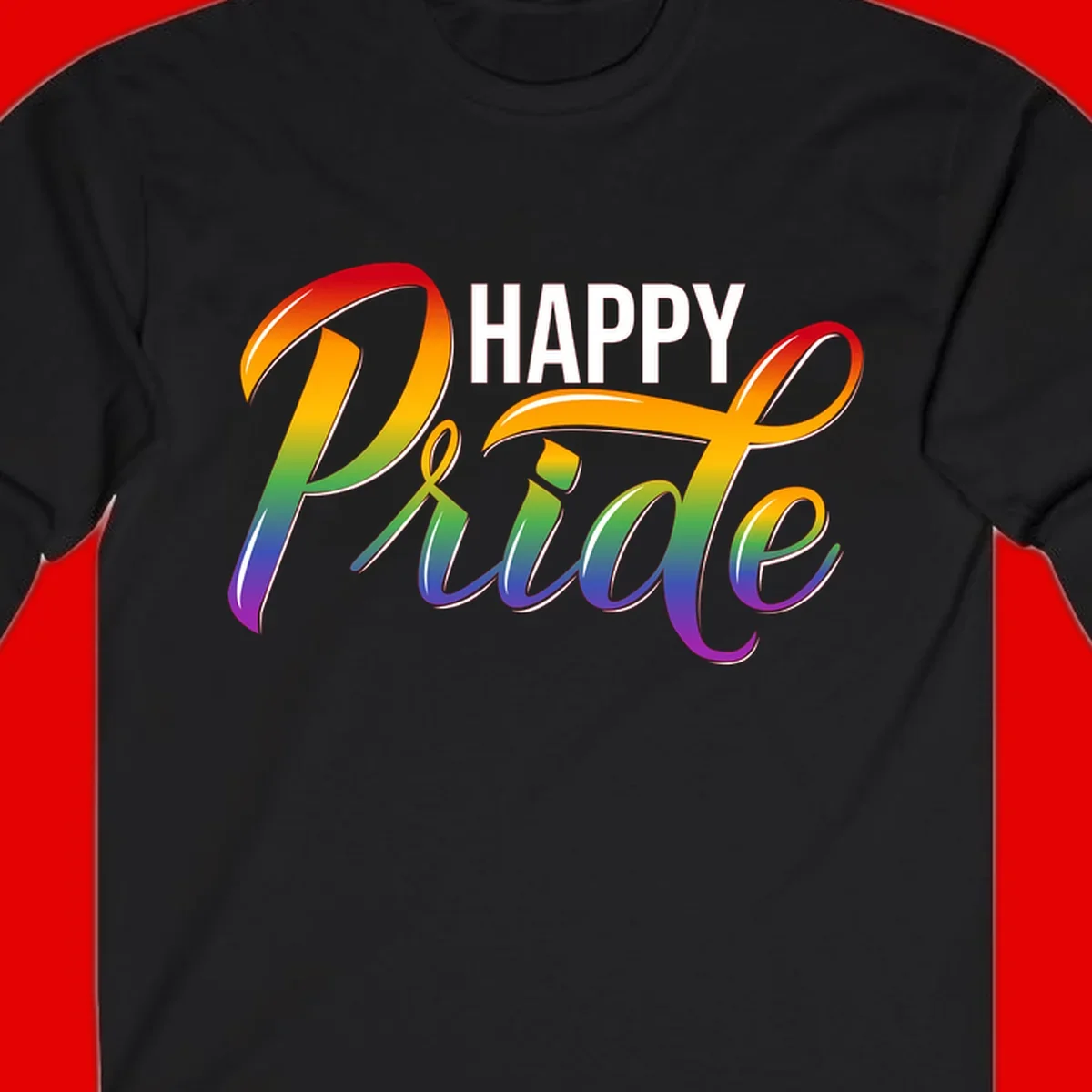 Happy Pride rainbow gradient typography design with white outlines on gray background
