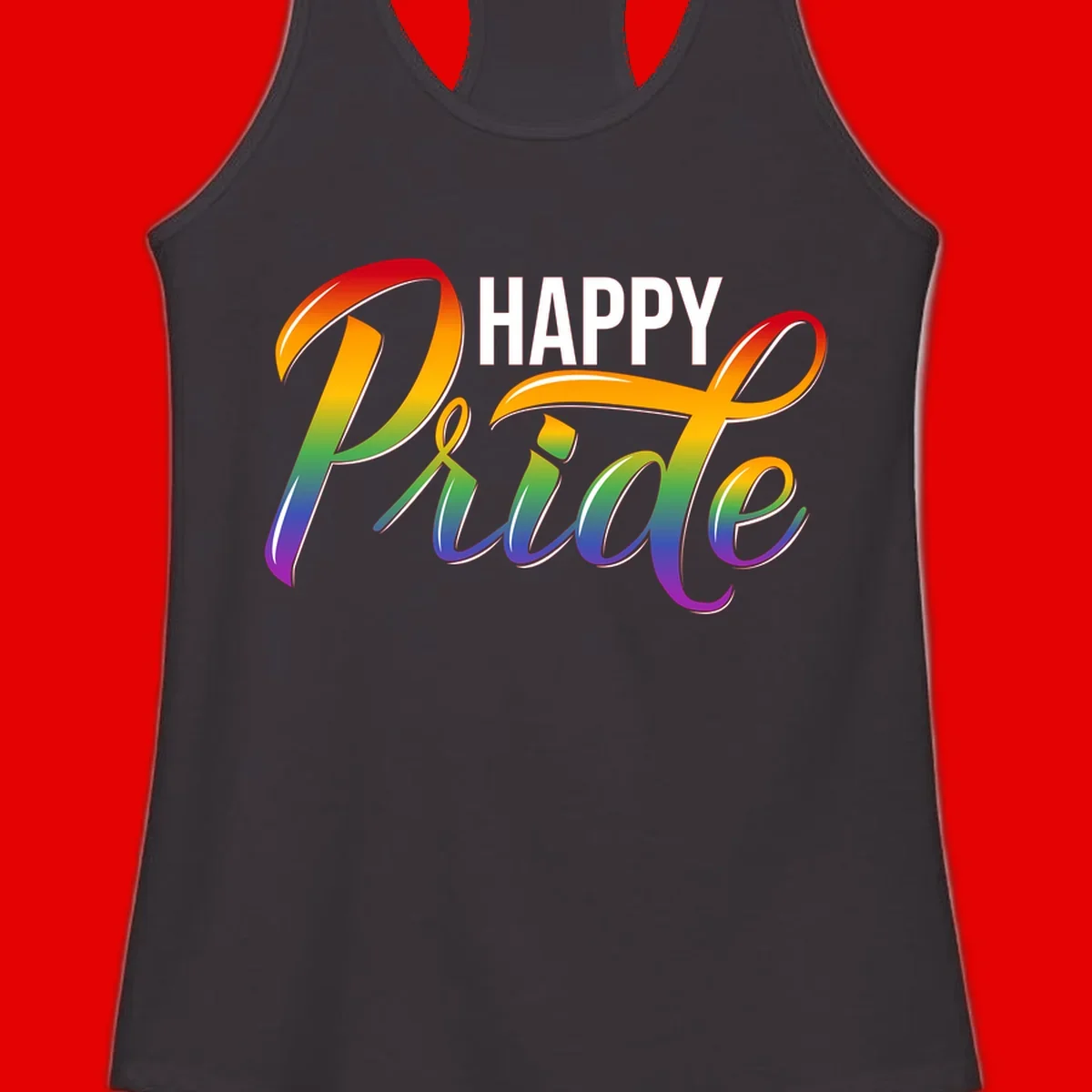 Happy Pride rainbow gradient typography design with white outlines on gray background