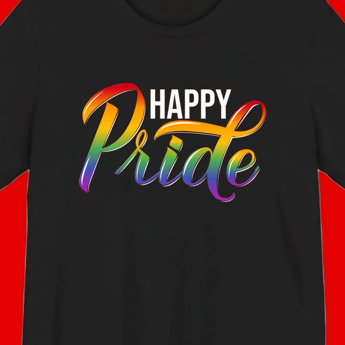 Happy Pride rainbow gradient typography design with white outlines on gray background