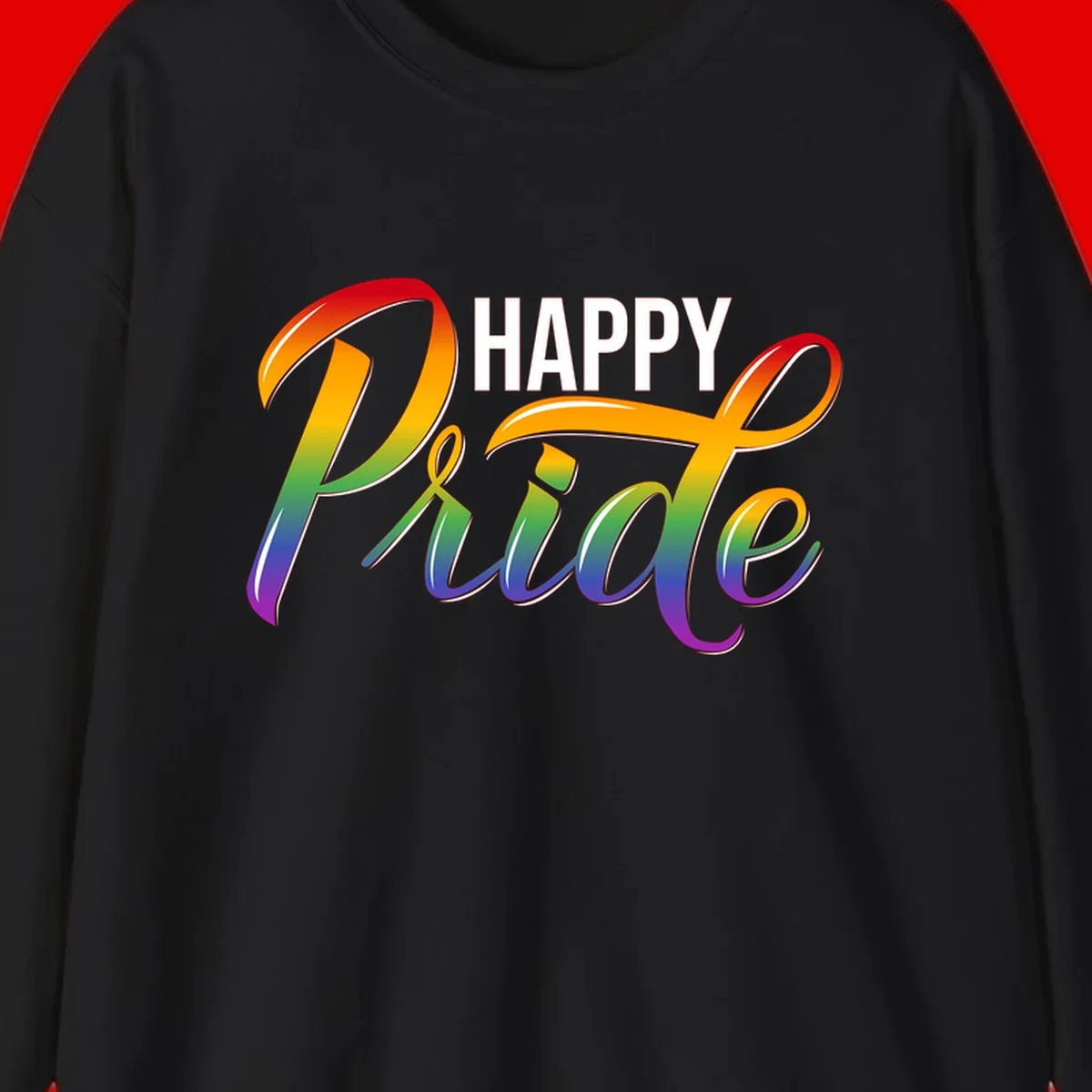 Happy Pride rainbow gradient typography design with white outlines on gray background