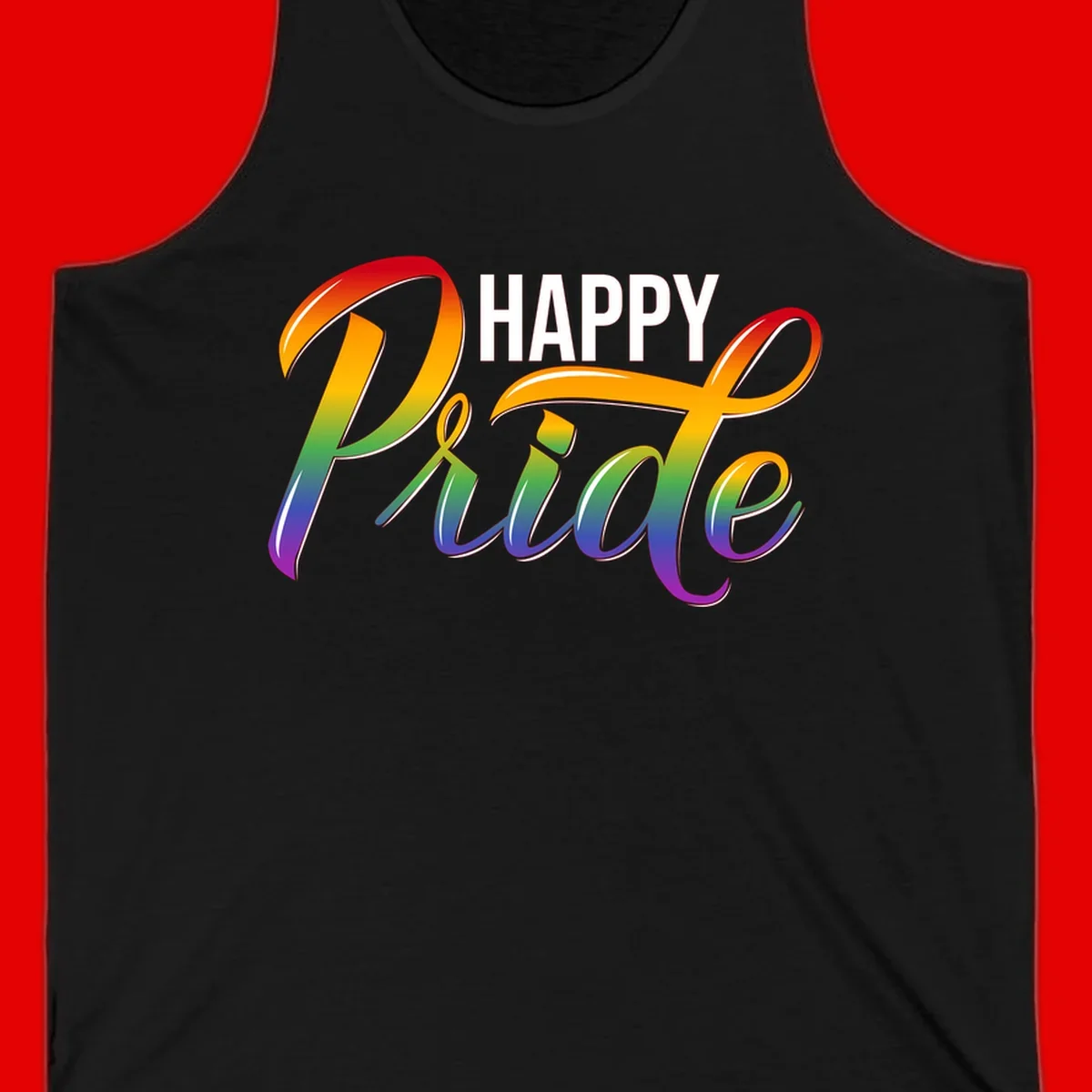 Happy Pride rainbow gradient typography design with white outlines on gray background