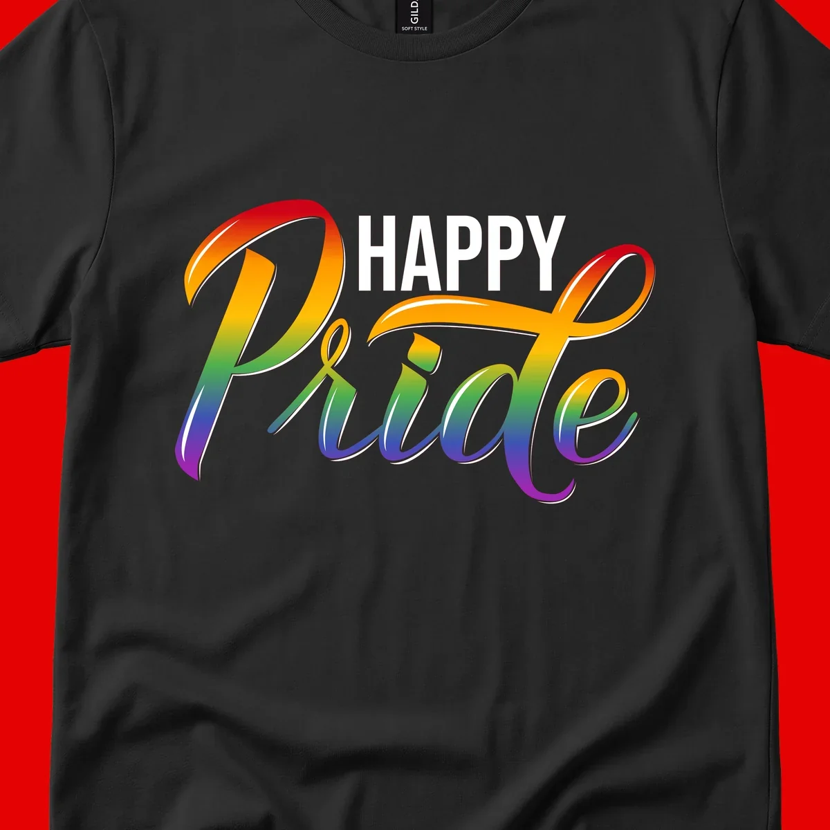 Happy Pride rainbow gradient typography design with white outlines on gray background
