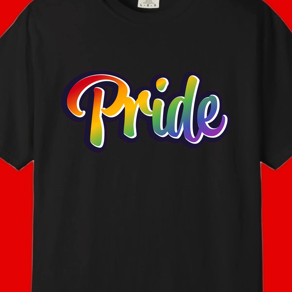 Pride rainbow script lettering with vibrant gradient fill from red to purple, featuring white outline and navy shadow effect