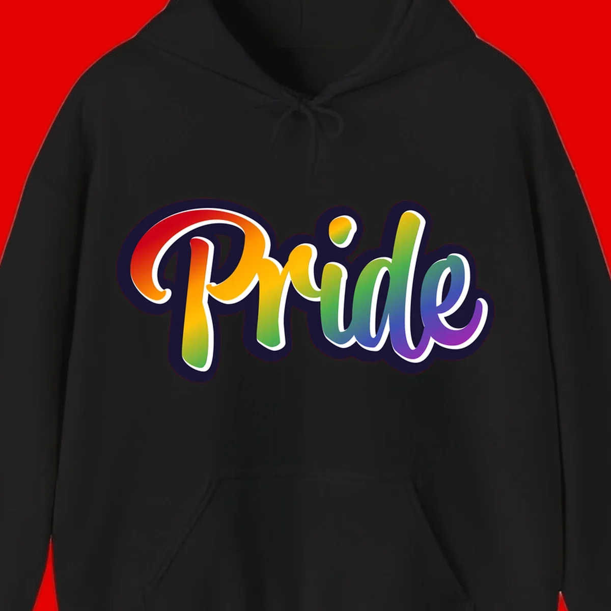 Pride rainbow script lettering with vibrant gradient fill from red to purple, featuring white outline and navy shadow effect