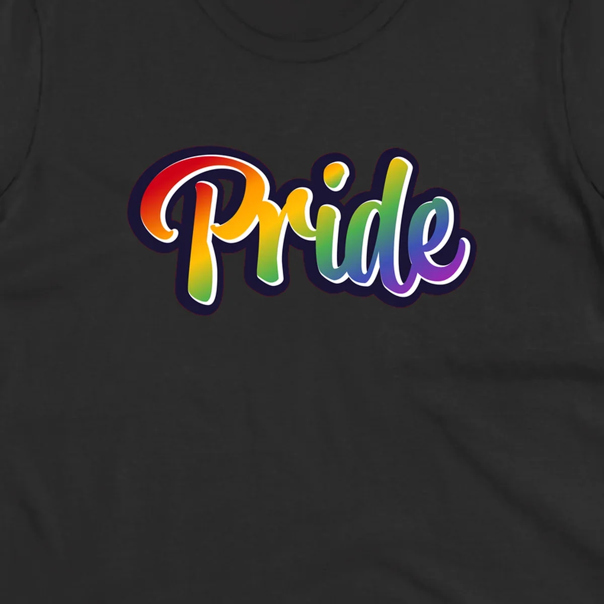 Pride rainbow script lettering with vibrant gradient fill from red to purple, featuring white outline and navy shadow effect