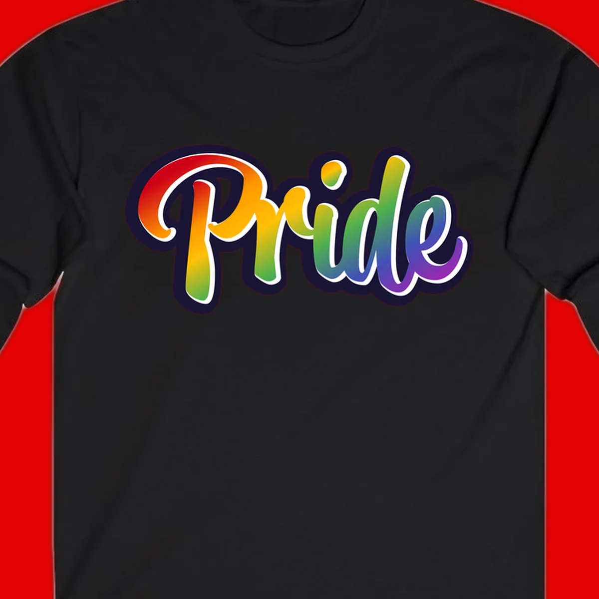 Pride rainbow script lettering with vibrant gradient fill from red to purple, featuring white outline and navy shadow effect