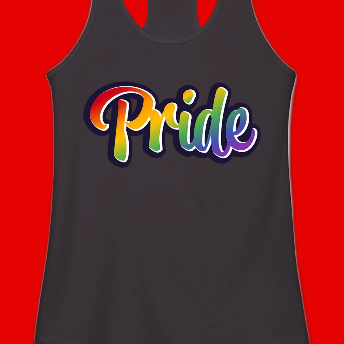 Pride rainbow script lettering with vibrant gradient fill from red to purple, featuring white outline and navy shadow effect