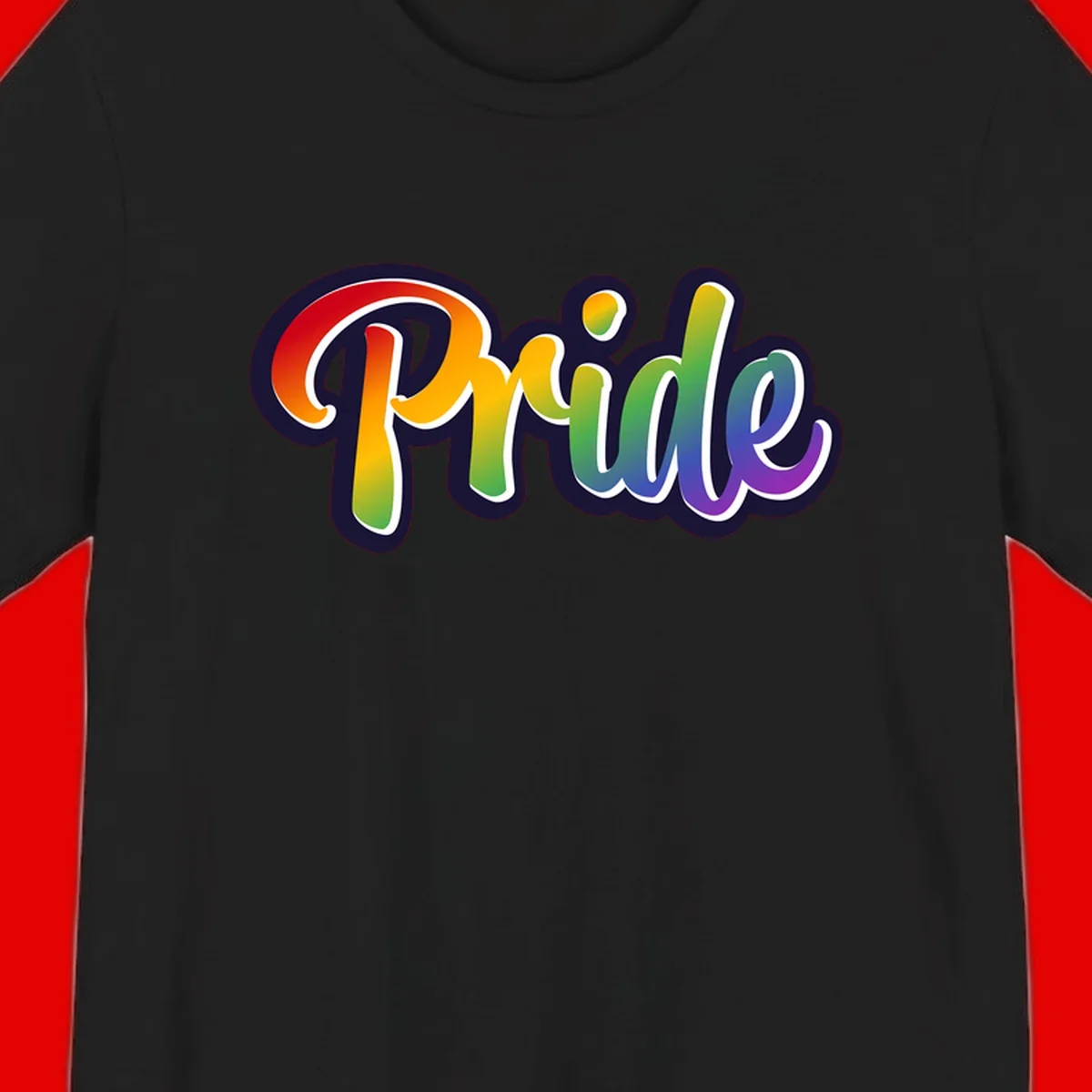 Pride rainbow script lettering with vibrant gradient fill from red to purple, featuring white outline and navy shadow effect