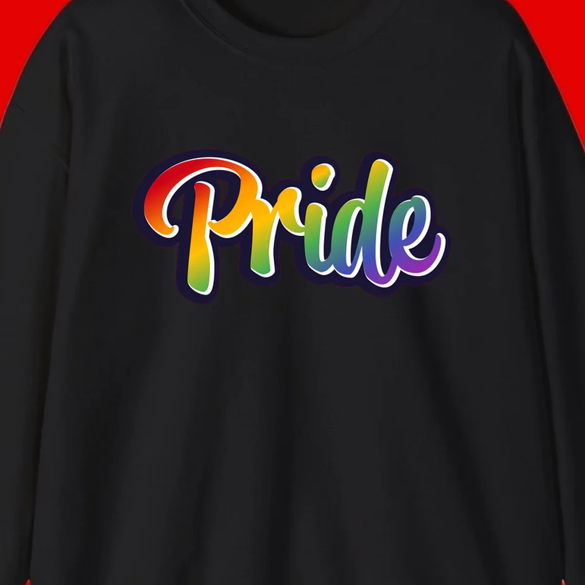 Pride rainbow script lettering with vibrant gradient fill from red to purple, featuring white outline and navy shadow effect