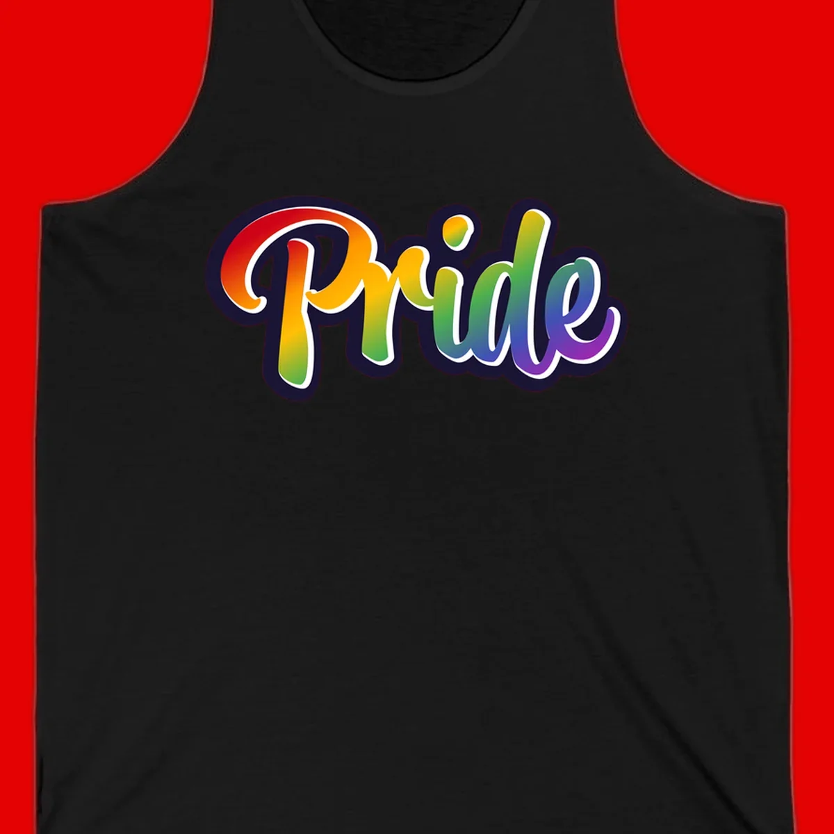Pride rainbow script lettering with vibrant gradient fill from red to purple, featuring white outline and navy shadow effect