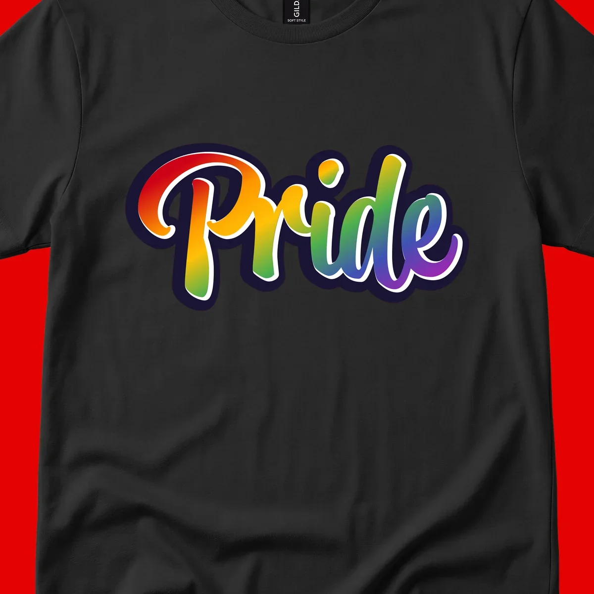 Pride rainbow script lettering with vibrant gradient fill from red to purple, featuring white outline and navy shadow effect