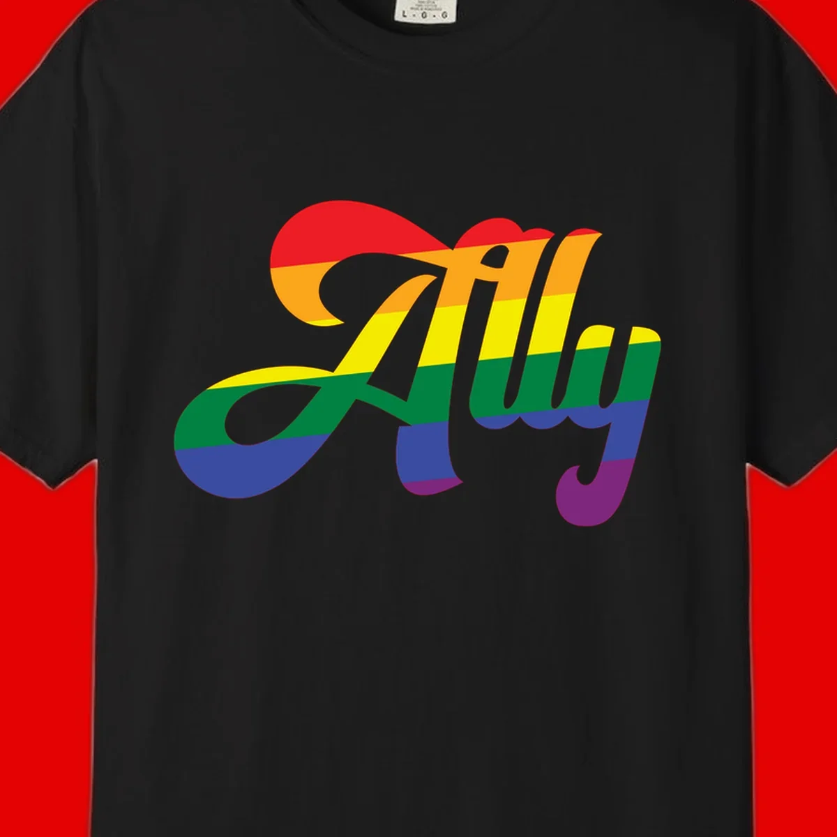 Rainbow pride joy design with striped cursive lettering and colorful sun motif
