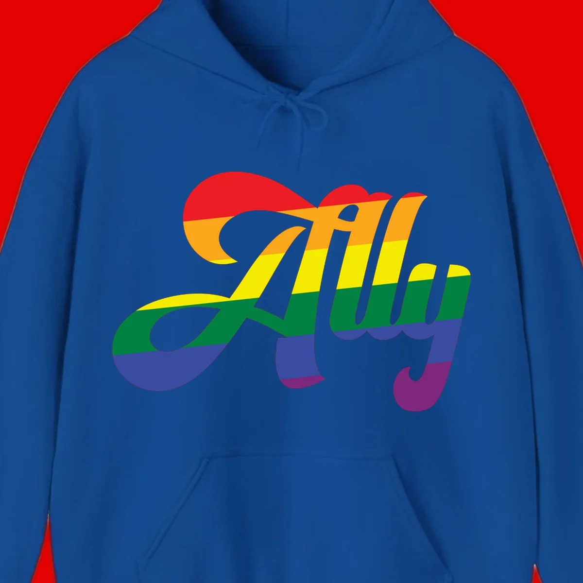 Rainbow pride joy design with striped cursive lettering and colorful sun motif