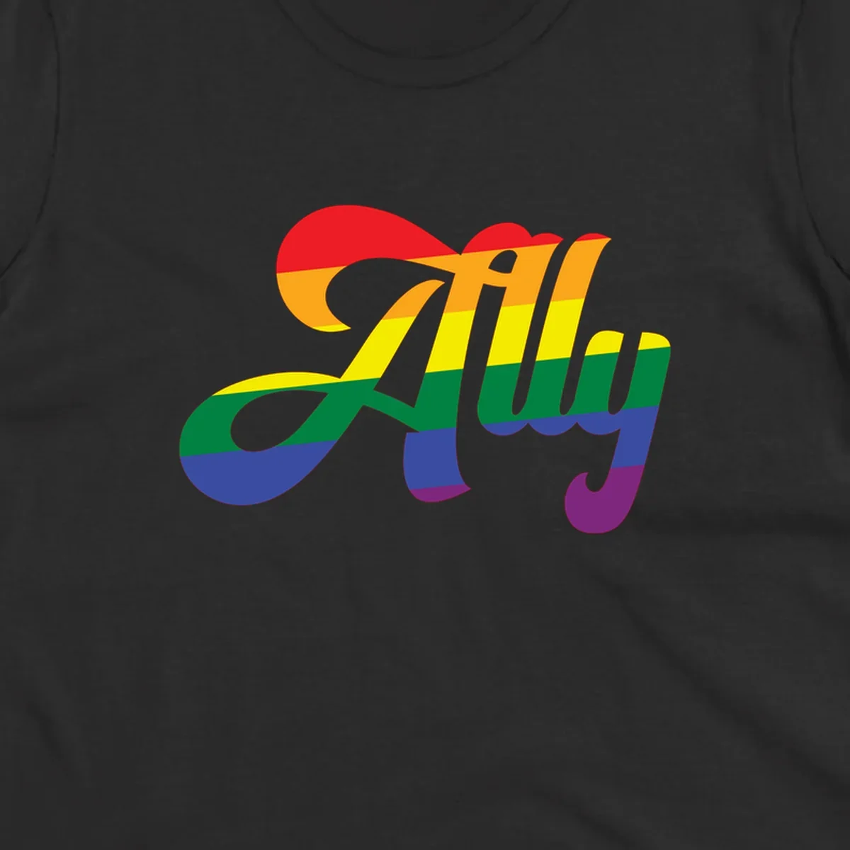 Rainbow pride joy design with striped cursive lettering and colorful sun motif