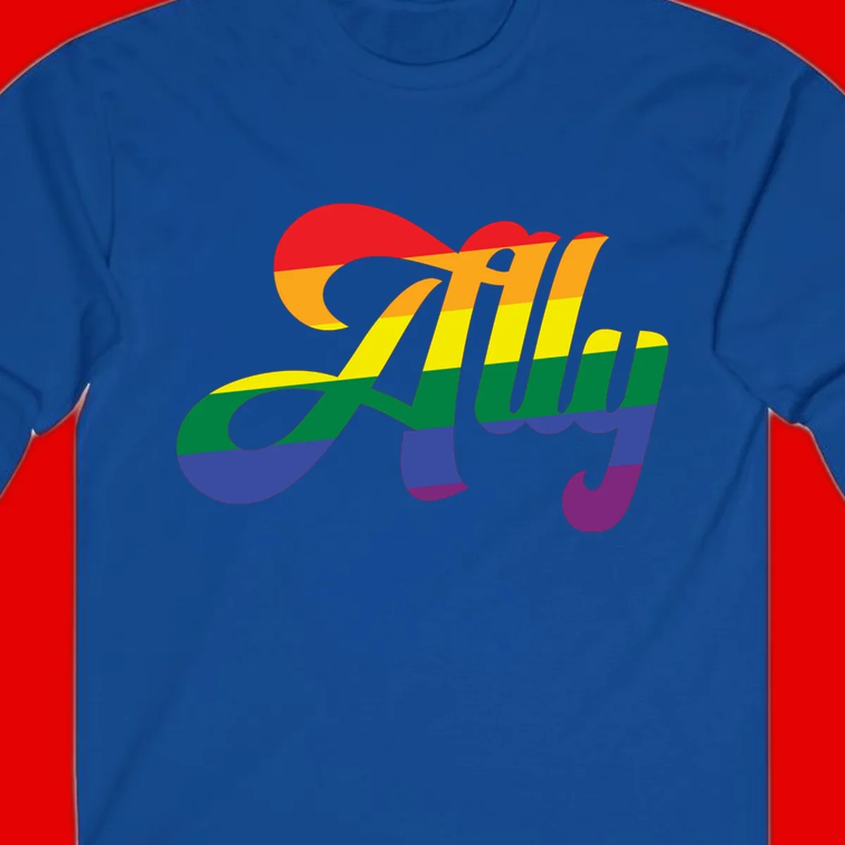 Rainbow pride joy design with striped cursive lettering and colorful sun motif