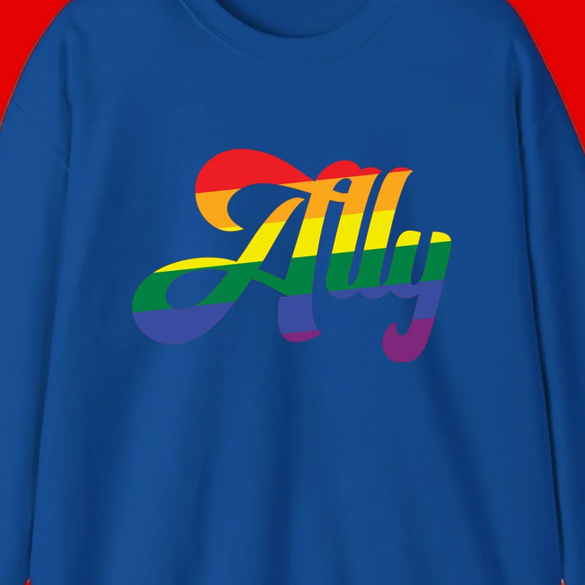 Rainbow pride joy design with striped cursive lettering and colorful sun motif