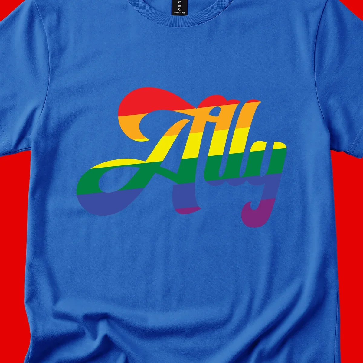 Rainbow pride joy design with striped cursive lettering and colorful sun motif