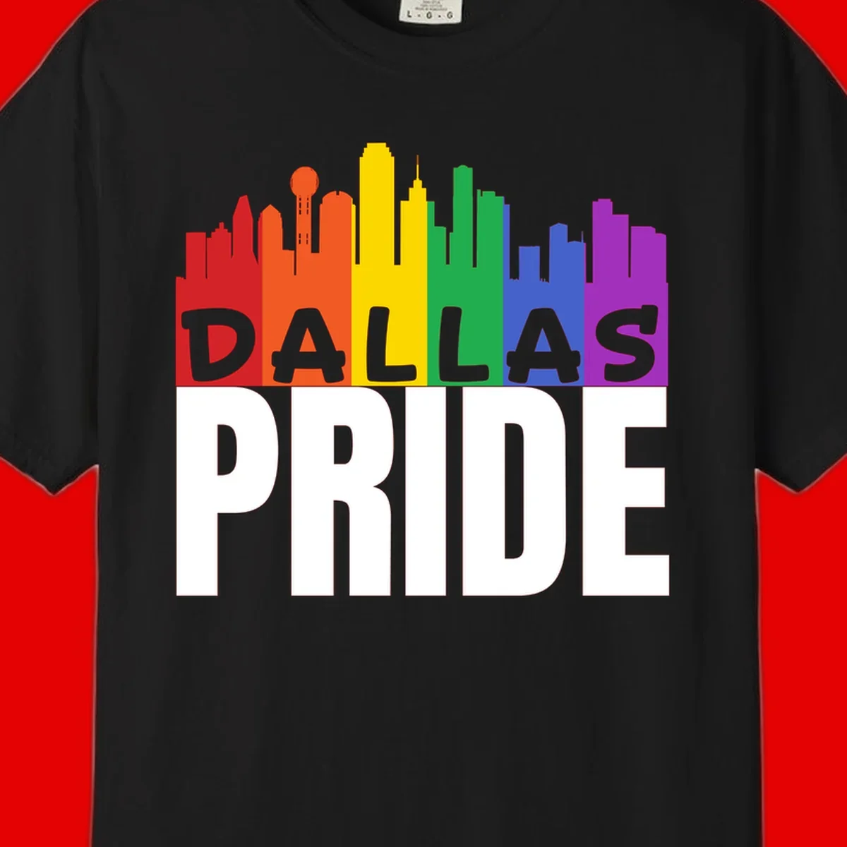 Dallas skyline in rainbow Pride colors with gray 'DALLAS PRIDE' text on white background