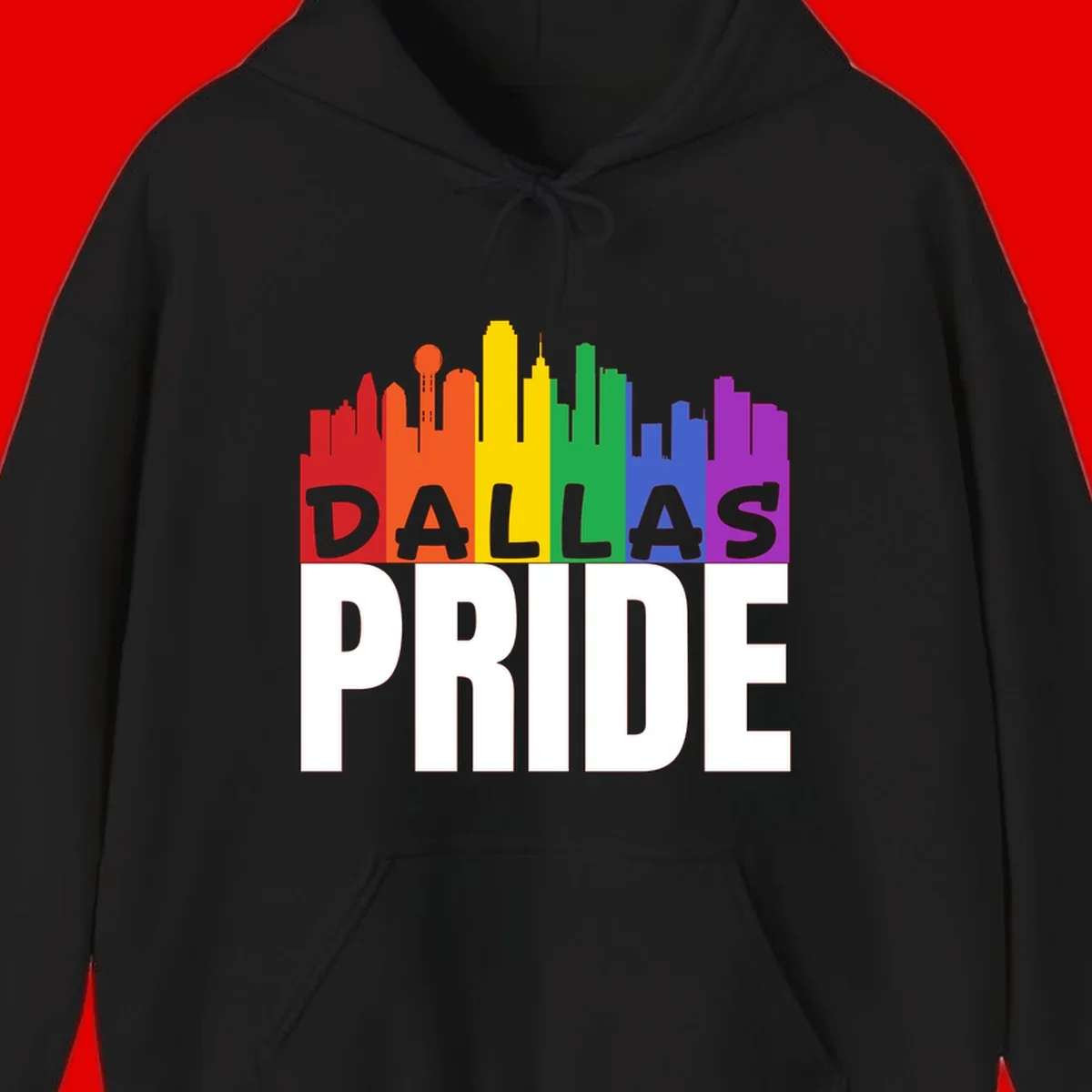 Dallas skyline in rainbow Pride colors with gray 'DALLAS PRIDE' text on white background