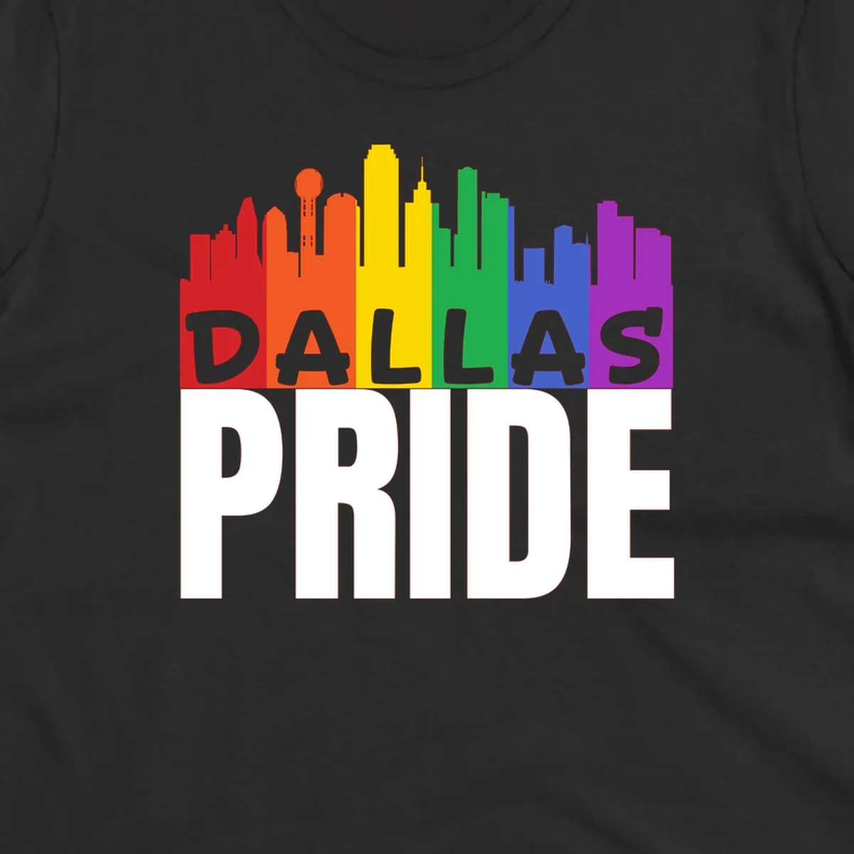 Dallas skyline in rainbow Pride colors with gray 'DALLAS PRIDE' text on white background