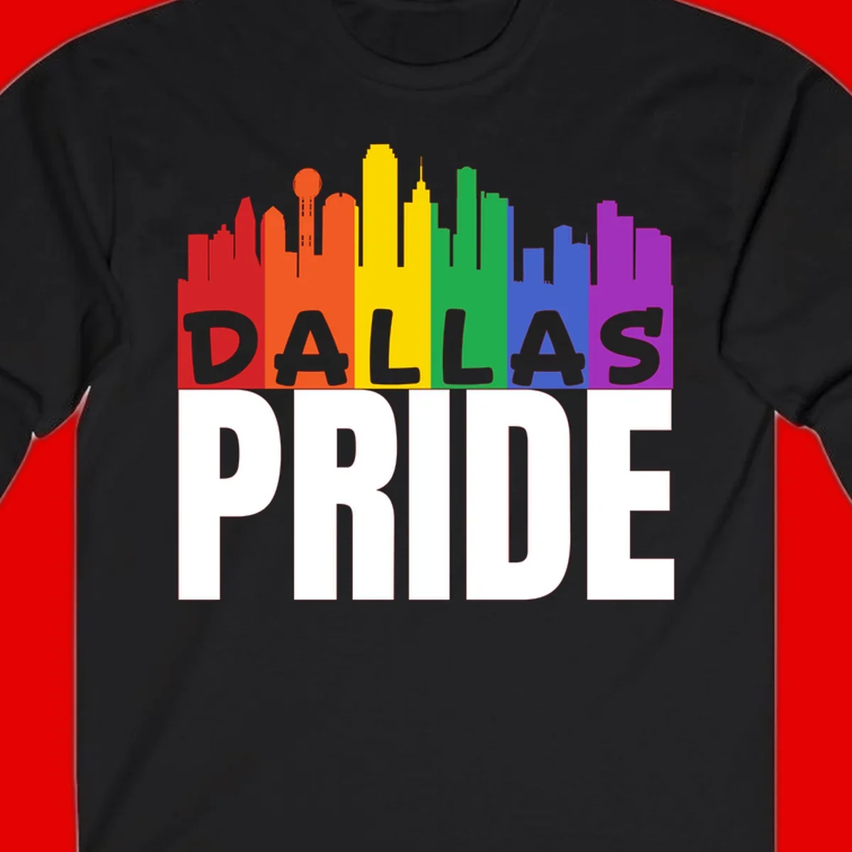 Dallas skyline in rainbow Pride colors with gray 'DALLAS PRIDE' text on white background